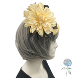 yellow and black flower fascinator shown modeled on a mannequin head  Sid eview