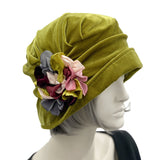 Velvet Hat Woman: Unique Vintage Inspired Headwear, Handmade in Chartreuse Green with Hydrangea Flowers