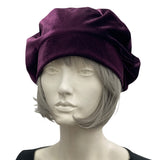 Eggplant Velvet Beret: Satin Lined Chemo Headwear, Handmade in USA