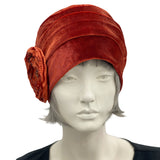 Velvet Hat Woman, with Satin Flower Brooch, Bright and Fun Fall Cloche in Rust Terracotta, Handmade in USA