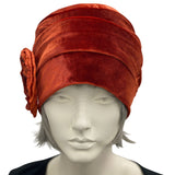 Velvet Hat Woman, with Satin Flower Brooch, Bright and Fun Fall Cloche in Rust Terracotta, Handmade in USA