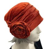 Velvet Hat Woman, with Satin Flower Brooch, Bright and Fun Fall Cloche in Rust Terracotta, Handmade in USA