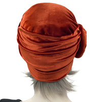 Velvet Hat Woman, with Satin Flower Brooch, Bright and Fun Fall Cloche in Rust Terracotta, Handmade in USA