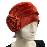 Velvet Hat Woman, with Satin Flower Brooch, Bright and Fun Fall Cloche in Rust Terracotta, Handmade in USA