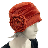 Velvet Hat Woman, with Satin Flower Brooch, Bright and Fun Fall Cloche in Rust Terracotta, Handmade in USA