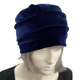navy blue velvet chemo cloche on white mannequin
