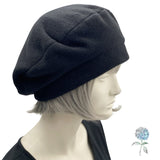 Black Fleece Beret with Satin Lining - Handmade Winter Hat