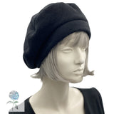 Black Fleece Beret with Satin Lining - Handmade Winter Hat