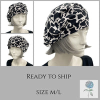 Beret for Women, Black and White Lightweight Cotton Jersey, Satin Lined Hat, Ready to Ship Size M/L, Handmade in the Beret for Women