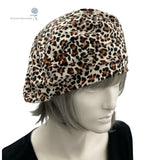 Summer Beret in Leopard Print Jersey, Satin Lined Hat Handmade in the USA