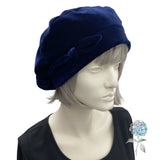 Navy Velvet Beret: Handmade Satin-Lined Hat with Bow