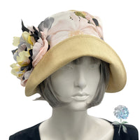 Summer Cloche Hat, Linen Hat with Floral Print and Large Peony Style Flower Brooch, 1920s Cloche Hat, Handmade in the USA