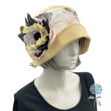 Summer Cloche Hat, Linen Hat with Floral Print and Large Peony Style Flower Brooch, 1920s Cloche Hat, Handmade in the USA