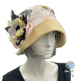 Summer Cloche Hat, Linen Hat with Floral Print and Large Peony Style Flower Brooch, 1920s Cloche Hat, Handmade in the USA