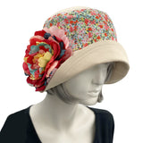 Cloche Hat Women, Cotton Hat with Floral Print and Large Peony Style Brooch, Flapper Hat, Tea Party Hat, Handmade in the USA