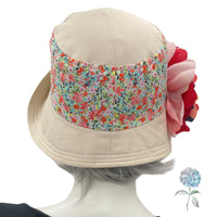 Cloche Hat Women, Cotton Hat with Floral Print and Large Peony Style Brooch, Flapper Hat, Tea Party Hat, Handmade in the USA