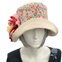 Cloche Hat Women, Cotton Hat with Floral Print and Large Peony Style Brooch, Flapper Hat, Tea Party Hat, Handmade in the USA