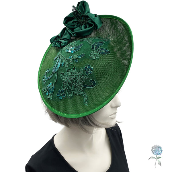 Green Fascinator Hat, with Sequin Appliqué and Satin Flowers, Kentucky Derby Hats for Women, Limited Edition, Handmade in the USA