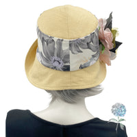 Summer Cloche Hat, Linen Hat with Floral Print and Large Peony Style Flower Brooch, 1920s Cloche Hat, Handmade in the USA