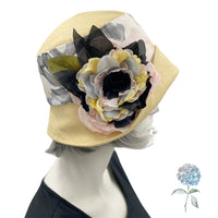 Summer Cloche Hat, Linen Hat with Floral Print and Large Peony Style Flower Brooch, 1920s Cloche Hat, Handmade in the USA