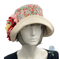 Cloche Hat Women, Cotton Hat with Floral Print and Large Peony Style Brooch, Flapper Hat, Tea Party Hat, Handmade in the USA