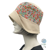 Cloche Hat Women, Cotton Hat with Floral Print and Large Peony Style Brooch, Flapper Hat, Tea Party Hat, Handmade in the USA