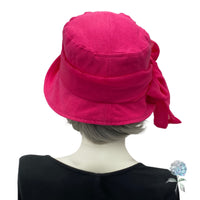 Summer Cloche Hat, Linen Sun Hat, Fuchsia Pink with Chiffon Bow Scarf, or Choose Your Color, Handmade in the USA