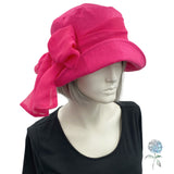 Summer Cloche Hat, Linen Sun Hat, Fuchsia Pink with Chiffon Bow Scarf, or Choose Your Color, Handmade in the USA