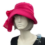 Summer Cloche Hat, Linen Sun Hat, Fuchsia Pink with Chiffon Bow Scarf, or Choose Your Color, Handmade in the USA