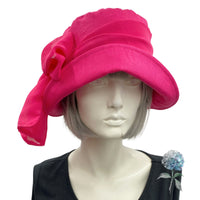 Summer Cloche Hat, Linen Sun Hat, Fuchsia Pink with Chiffon Bow Scarf, or Choose Your Color, Handmade in the USA