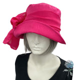 Summer Cloche Hat, Linen Sun Hat, Fuchsia Pink with Chiffon Bow Scarf, or Choose Your Color, Handmade in the USA