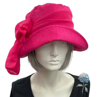 Summer Cloche Hat, Linen Sun Hat, Fuchsia Pink with Chiffon Bow Scarf, or Choose Your Color, Handmade in the USA