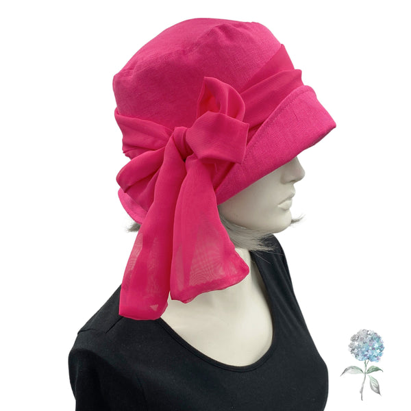 Summer Cloche Hat, Linen Sun Hat, Fuchsia Pink with Chiffon Bow Scarf, or Choose Your Color, Handmade in the USA