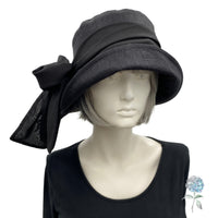 Cloche Hat Women, Black Linen Hat with Chiffon Bow Scarf, Chemo Headwear, Handmade in the USA