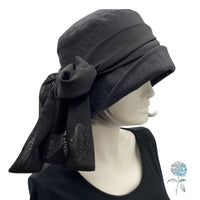 Cloche Hat Women, Black Linen Hat with Chiffon Bow Scarf, Chemo Headwear, Handmade in the USA