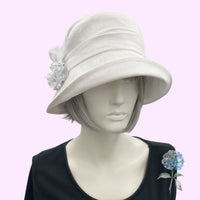 Cloche Hat Women, White Linen Wedding Hat with Satin and Rhinestone Brooch, Handmade in the USA