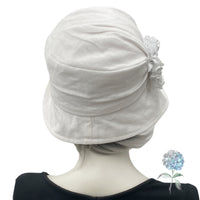 Cloche Hat Women, White Linen Wedding Hat with Satin and Rhinestone Brooch, Handmade in the USA