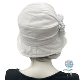 Cloche Hat Women, White Linen Wedding Hat with Satin and Rhinestone Brooch, Handmade in the USA
