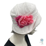Flapper Hat, White Linen Hat Women, with Pink Faux Silk Flower Brooch, Summer Cloche Hat, Handmade in the USA