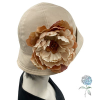 Summer Cloche Hat, Beige Cotton Flapper Hat with large Peony Flower Brooch, Handmade in the USA