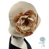 Summer Cloche Hat, Beige Cotton Flapper Hat with large Peony Flower Brooch, Handmade in the USA