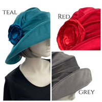 Teal Velvet Wide Brim Hat, or Choose Your Color, Derby Hat with Satin Rose Brooch, Handmade in USA, Winter Wedding Hat