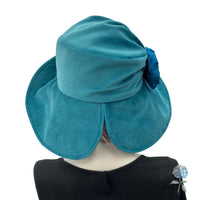 Teal Velvet Wide Brim Hat, or Choose Your Color, Derby Hat with Satin Rose Brooch, Handmade in USA, Winter Wedding Hat