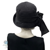 Cloche Hat Women, Black Linen Hat with Chiffon Bow Scarf, Chemo Headwear, Handmade in the USA