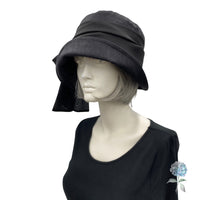 Cloche Hat Women, Black Linen Hat with Chiffon Bow Scarf, Chemo Headwear, Handmade in the USA