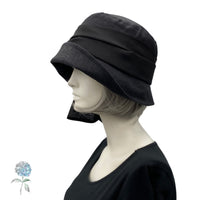 Cloche Hat Women, Black Linen Hat with Chiffon Bow Scarf, Chemo Headwear, Handmade in the USA