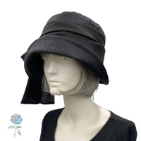 Cloche Hat Women, Black Linen Hat with Chiffon Bow Scarf, Chemo Headwear, Handmade in the USA