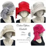 Cloche Hat Women, Black Linen Hat with Chiffon Bow Scarf, Chemo Headwear, Handmade in the USA