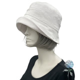 Cloche Hat Women, White Linen Wedding Hat with Satin and Rhinestone Brooch, Handmade in the USA