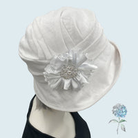 Cloche Hat Women, White Linen Wedding Hat with Satin and Rhinestone Brooch, Handmade in the USA